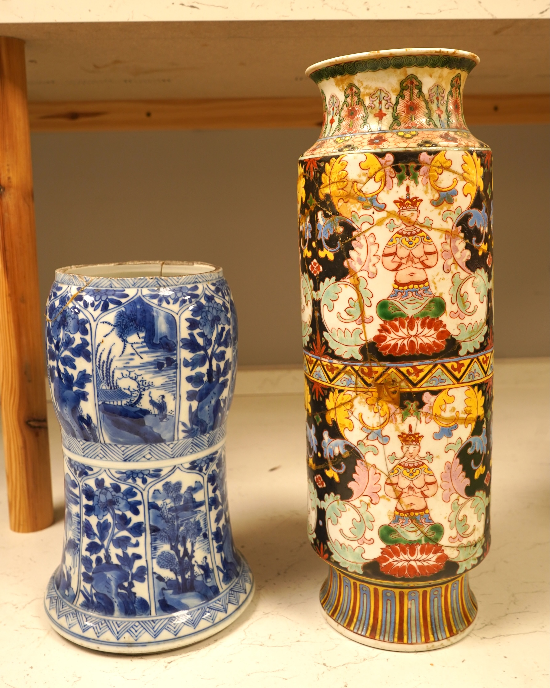 A Chinese Kangxi blue and white vase (cut down gu vase), 26cm high and a Chinese Bencharong famille rose vase